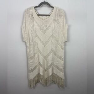 Easel Fringe Knit Top Tunic Ivory Cream Beige Chevron-Pattern Poncho Cover-up M